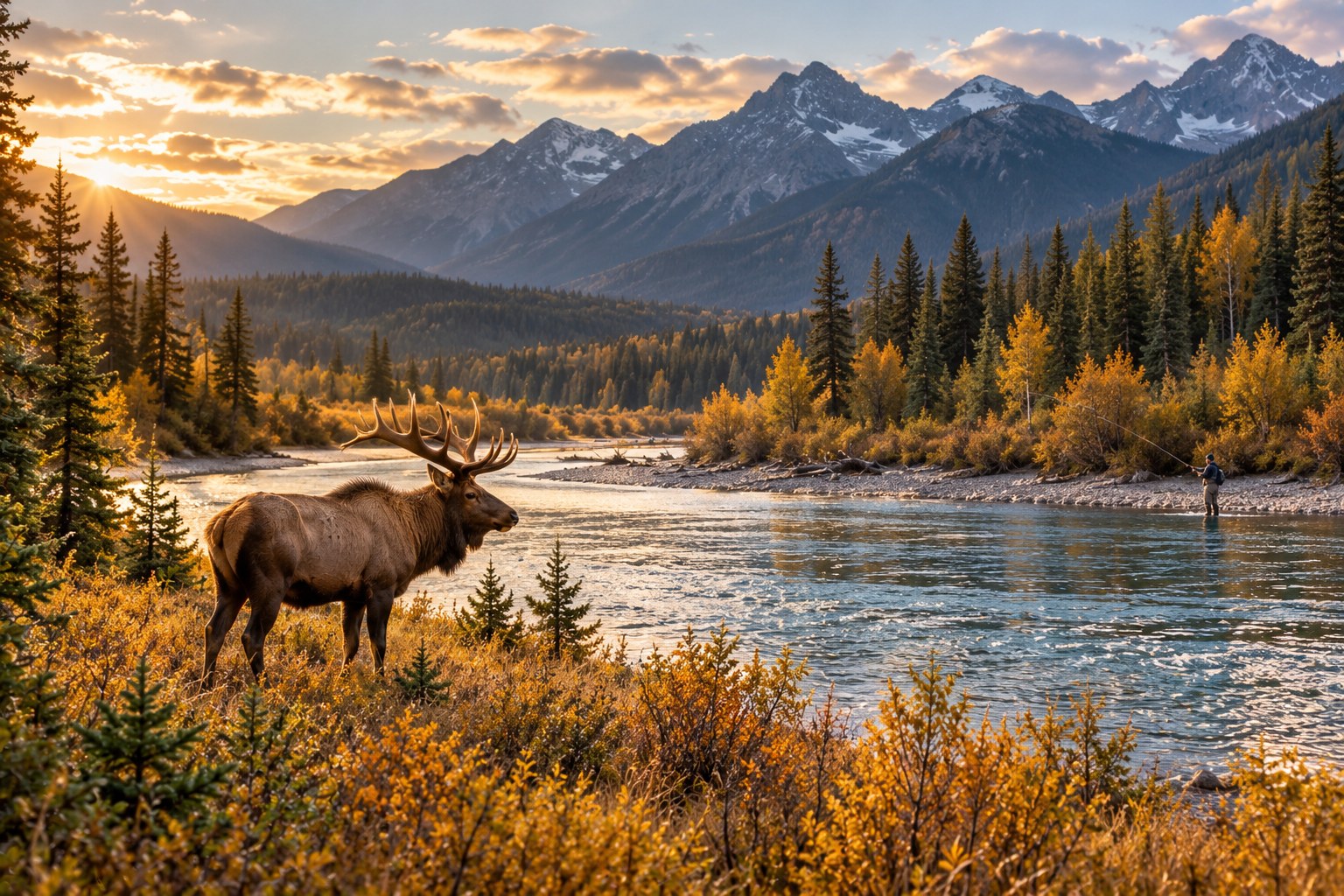 Bull elk beside a British Columbia river with an angler on the opposite bank