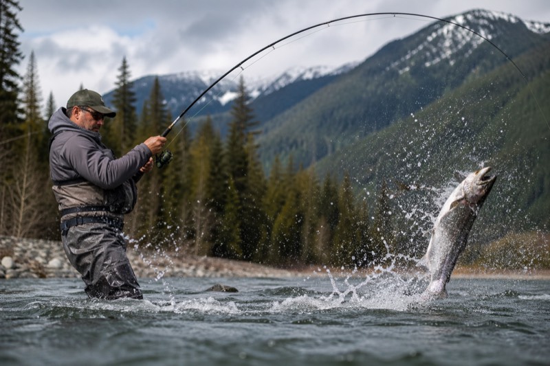 Angler fighting salmon in moving water