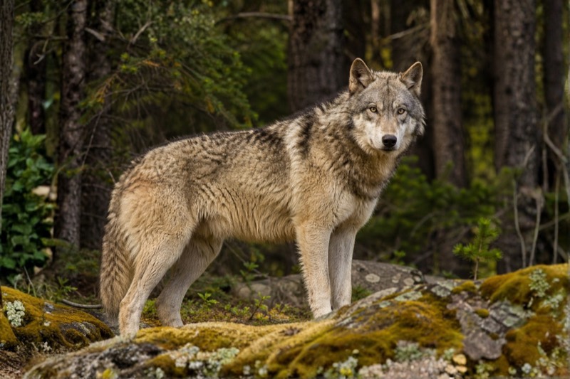 Wolf moving through snowy British Columbia forest